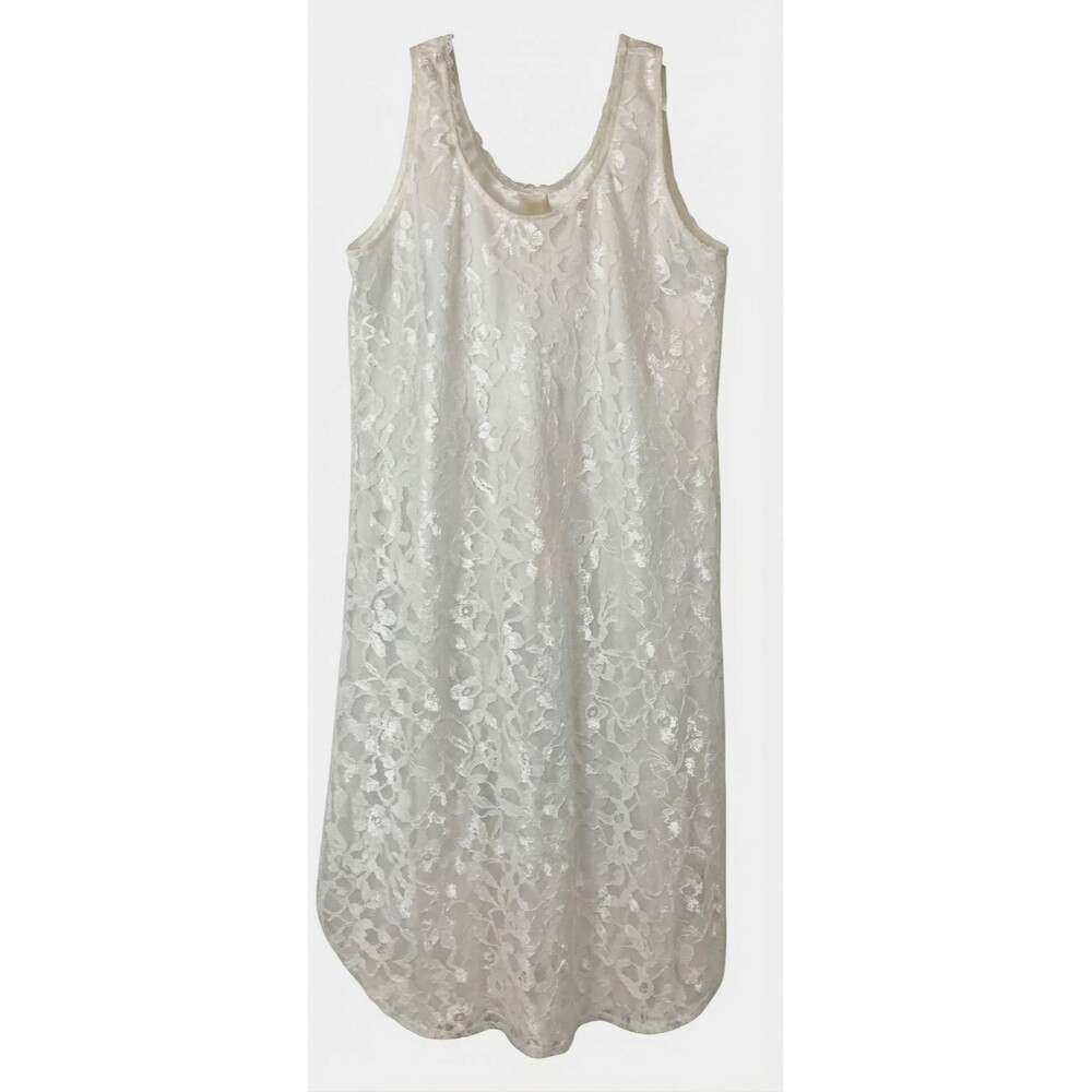 VTG Intimate Style Silky Satiny Nightgown White Floral Lace Maxi Large Y2K 90s